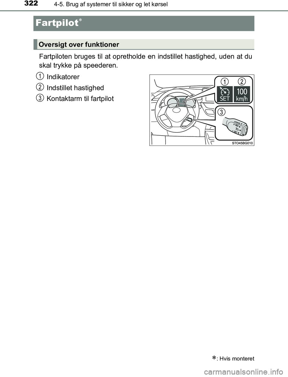 TOYOTA C_HR HYBRID 2017 Brugsanvisning (in Danish) 3224-5. Brug af systemer til sikker og let kørsel
C-HR_HV_OM_Europe_OM10538DK
Fartpilot
Fartpiloten bruges til at oprethol de en indstillet hastighed, uden at du
skal trykke på speederen.
Indikat TOYOTA C_HR HYBRID 2017 Brugsanvisning (in Danish) 3224-5. Brug af systemer til sikker og let kørsel
C-HR_HV_OM_Europe_OM10538DK
Fartpilot
Fartpiloten bruges til at oprethol de en indstillet hastighed, uden at du
skal trykke på speederen.
Indikat