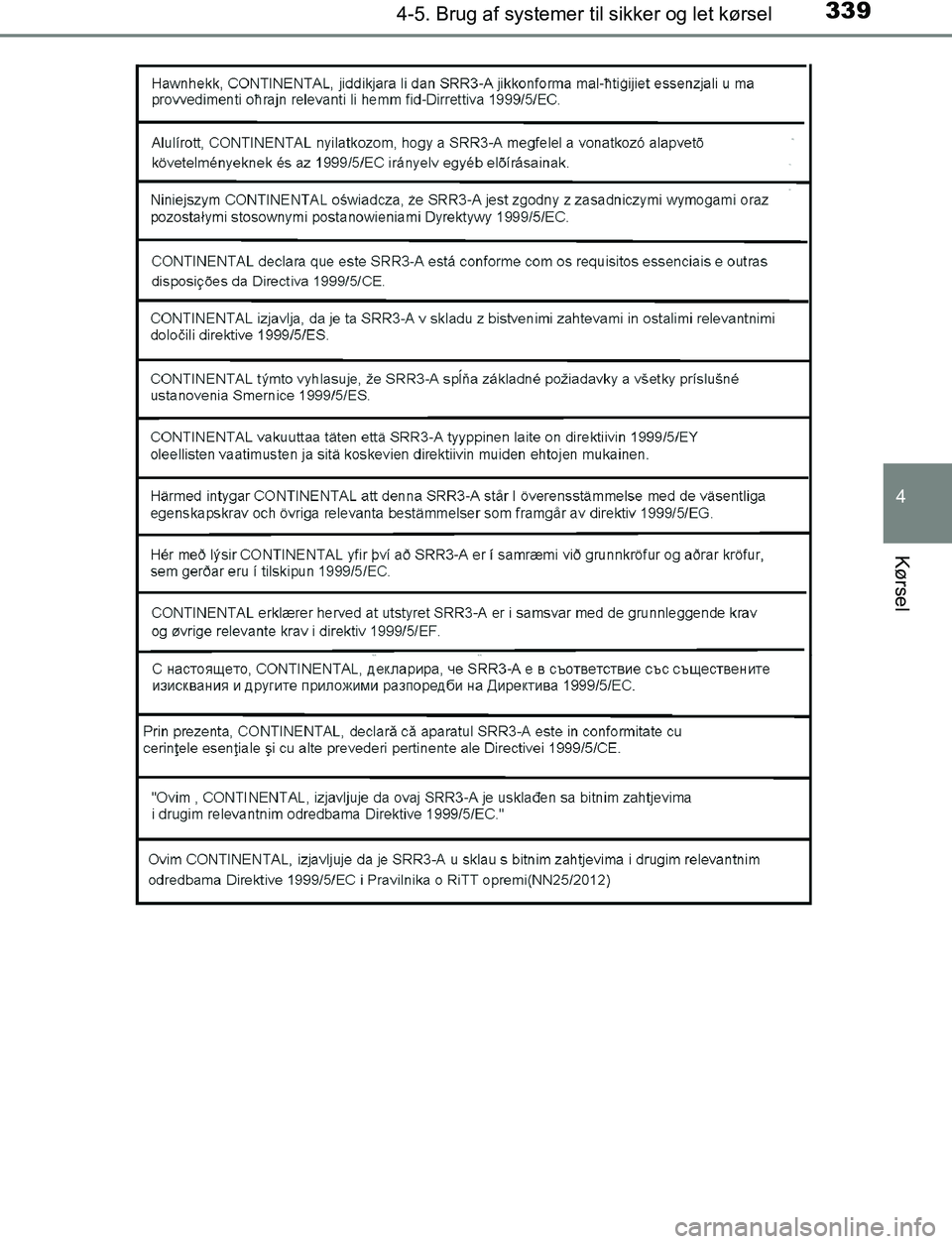 TOYOTA C_HR HYBRID 2017 Brugsanvisning (in Danish) 3394-5. Brug af systemer til sikker og let kørsel
4
Kørsel
C-HR_HV_OM_Europe_OM10538DK
OM10538DK.book Page 339 Thursd ay, December 22, 2016 11:23 AM TOYOTA C_HR HYBRID 2017 Brugsanvisning (in Danish) 3394-5. Brug af systemer til sikker og let kørsel
4
Kørsel
C-HR_HV_OM_Europe_OM10538DK
OM10538DK.book Page 339 Thursd ay, December 22, 2016 11:23 AM