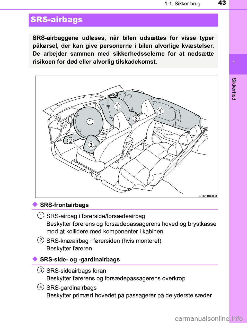 TOYOTA C_HR HYBRID 2017 Brugsanvisning (in Danish) 431-1. Sikker brug
1
Sikkerhed
C-HR_HV_OM_Europe_OM10538DK
SRS-airbags
uSRS-frontairbagsSRS-airbag i førerside/forsædeairbag
Beskytter førerens og forsædepassagerens hoved og brystkasse
mod at kol TOYOTA C_HR HYBRID 2017 Brugsanvisning (in Danish) 431-1. Sikker brug
1
Sikkerhed
C-HR_HV_OM_Europe_OM10538DK
SRS-airbags
uSRS-frontairbagsSRS-airbag i førerside/forsædeairbag
Beskytter førerens og forsædepassagerens hoved og brystkasse
mod at kol
