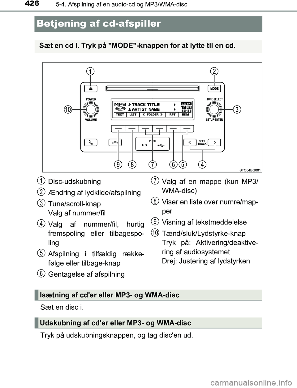 TOYOTA C_HR HYBRID 2017 Brugsanvisning (in Danish) 4265-4. Afspilning af en audio-cd og MP3/WMA-disc
C-HR_HV_OM_Europe_OM10538DK
Betjening af cd-afspiller
Sæt en disc i.
Tryk på udskubningsknappen, og tag discen ud.
Sæt en cd i. Tryk på "MODE"-kn TOYOTA C_HR HYBRID 2017 Brugsanvisning (in Danish) 4265-4. Afspilning af en audio-cd og MP3/WMA-disc
C-HR_HV_OM_Europe_OM10538DK
Betjening af cd-afspiller
Sæt en disc i.
Tryk på udskubningsknappen, og tag discen ud.
Sæt en cd i. Tryk på "MODE"-kn