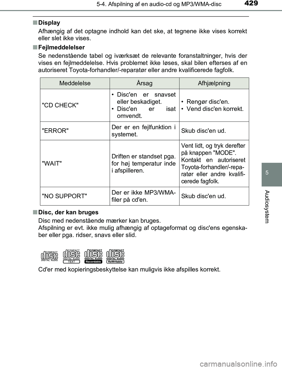 TOYOTA C_HR HYBRID 2017 Brugsanvisning (in Danish) 4295-4. Afspilning af en audio-cd og MP3/WMA-disc
5
Audiosystem
C-HR_HV_OM_Europe_OM10538DK
nDisplay
Afhængig af det optagne indhold kan det ske, at tegnene ikke vises korrekt
eller slet ikke vises.
TOYOTA C_HR HYBRID 2017 Brugsanvisning (in Danish) 4295-4. Afspilning af en audio-cd og MP3/WMA-disc
5
Audiosystem
C-HR_HV_OM_Europe_OM10538DK
nDisplay
Afhængig af det optagne indhold kan det ske, at tegnene ikke vises korrekt
eller slet ikke vises.