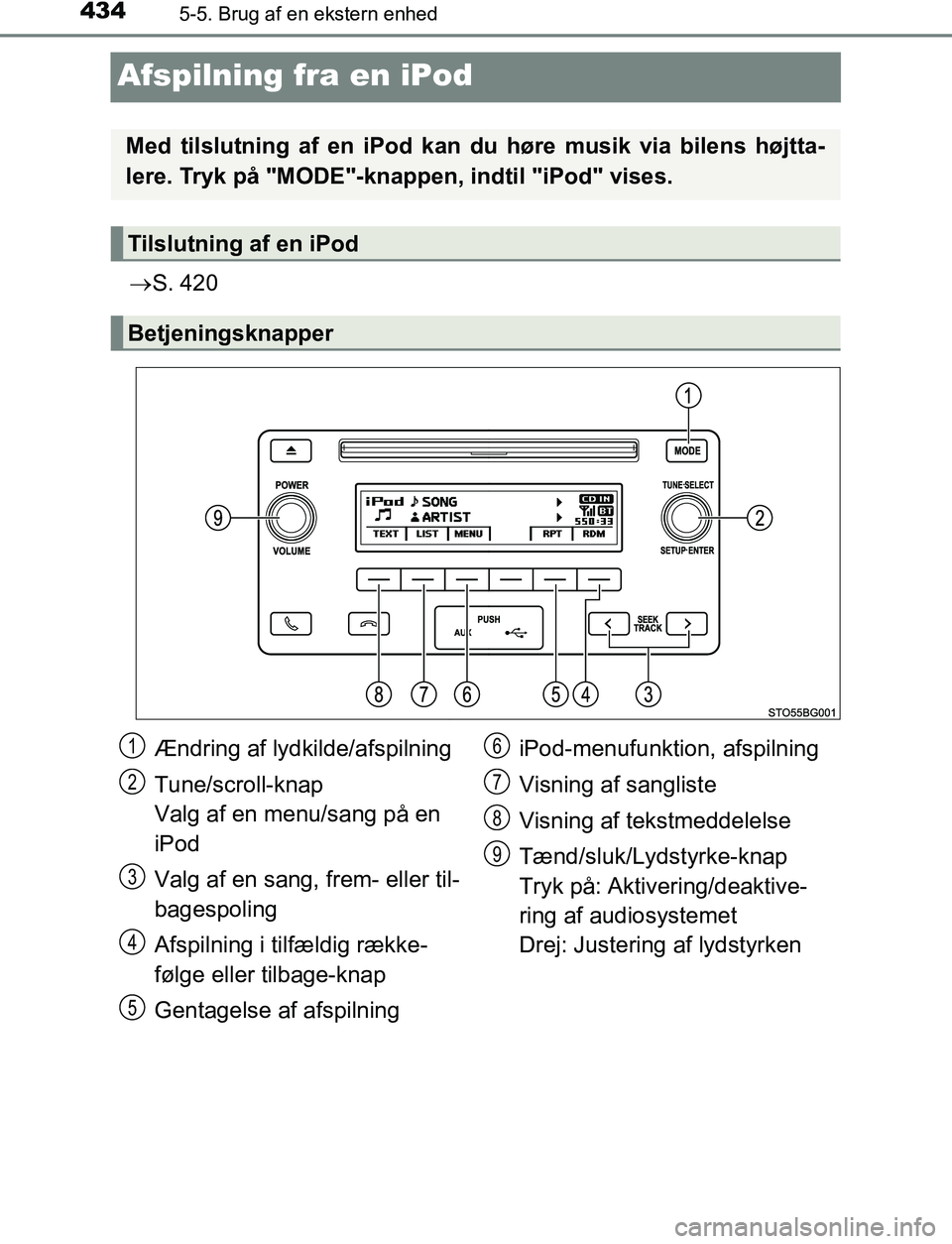 TOYOTA C_HR HYBRID 2017  Brugsanvisning (in Danish) 4345-5. Brug af en ekstern enhed
C-HR_HV_OM_Europe_OM10538DK
Afspilning fra en iPod
S. 420
Med tilslutning af en iPod kan du høre musik via bilens højtta-
lere. Tryk på "MODE"-knappe n, indtil "