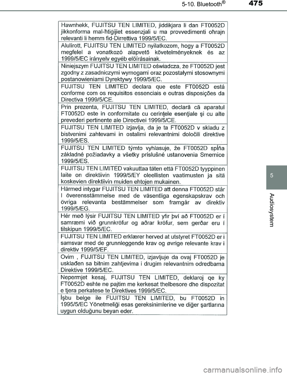 TOYOTA C_HR HYBRID 2017  Brugsanvisning (in Danish) 4755-10. Bluetooth®
5
Audiosystem
C-HR_HV_OM_Europe_OM10538DK
OM10538DK.book  Page 475  Thursday, December 22, 2016  11:23 AM 