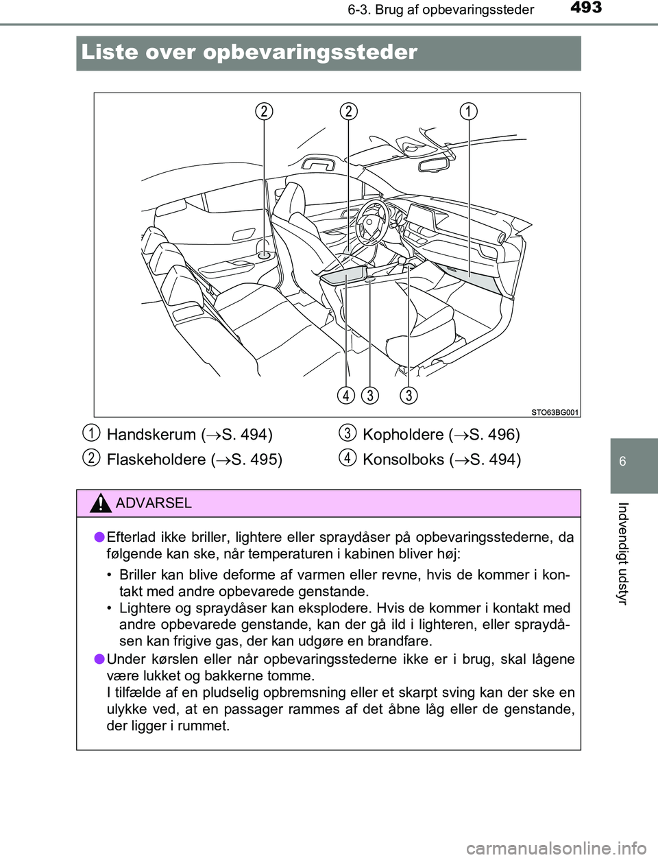 TOYOTA C_HR HYBRID 2017 Brugsanvisning (in Danish) 4936-3. Brug af opbevaringssteder
C-HR_HV_OM_Europe_OM10538DK
6
Indvendigt udstyr
Liste over opbevaringssteder
Handskerum ( S. 494)
Flaskeholdere ( S. 495) Kopholdere (
S. 496)
Konsolboks ( TOYOTA C_HR HYBRID 2017 Brugsanvisning (in Danish) 4936-3. Brug af opbevaringssteder
C-HR_HV_OM_Europe_OM10538DK
6
Indvendigt udstyr
Liste over opbevaringssteder
Handskerum ( S. 494)
Flaskeholdere ( S. 495) Kopholdere (
S. 496)
Konsolboks (