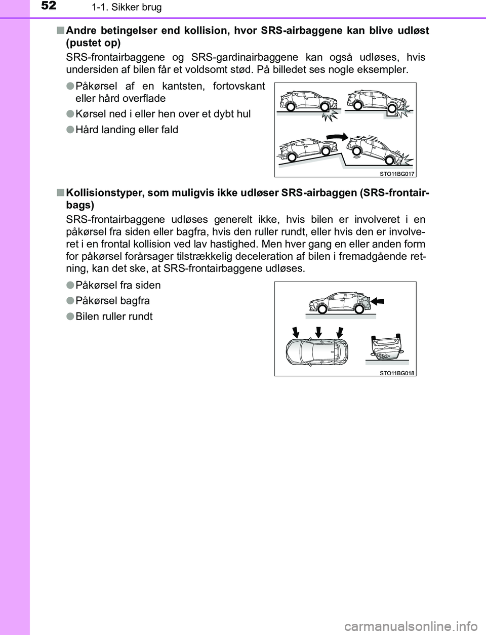 TOYOTA C_HR HYBRID 2017 Brugsanvisning (in Danish) 521-1. Sikker brug
C-HR_HV_OM_Europe_OM10538DKn
Andre betingelser end kollision, hv or SRS-airbaggene kan blive udløst
(pustet op)
SRS-frontairbaggene og SRS-gardinairbaggene kan også udløses, hvis TOYOTA C_HR HYBRID 2017 Brugsanvisning (in Danish) 521-1. Sikker brug
C-HR_HV_OM_Europe_OM10538DKn
Andre betingelser end kollision, hv or SRS-airbaggene kan blive udløst
(pustet op)
SRS-frontairbaggene og SRS-gardinairbaggene kan også udløses, hvis