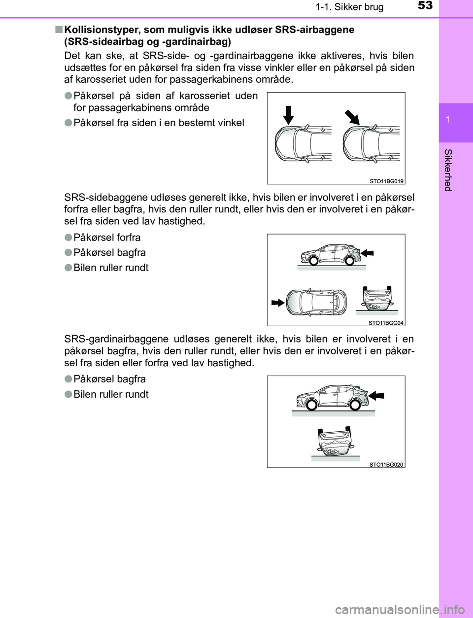 TOYOTA C_HR HYBRID 2017 Brugsanvisning (in Danish) 531-1. Sikker brug
1
Sikkerhed
C-HR_HV_OM_Europe_OM10538DKn
Kollisionstyper, som muligvis ikke udløser SRS-airbaggene
(SRS-sideairbag og -gardinairbag)
Det kan ske, at SRS-side- og -gardinairbaggene TOYOTA C_HR HYBRID 2017 Brugsanvisning (in Danish) 531-1. Sikker brug
1
Sikkerhed
C-HR_HV_OM_Europe_OM10538DKn
Kollisionstyper, som muligvis ikke udløser SRS-airbaggene
(SRS-sideairbag og -gardinairbag)
Det kan ske, at SRS-side- og -gardinairbaggene