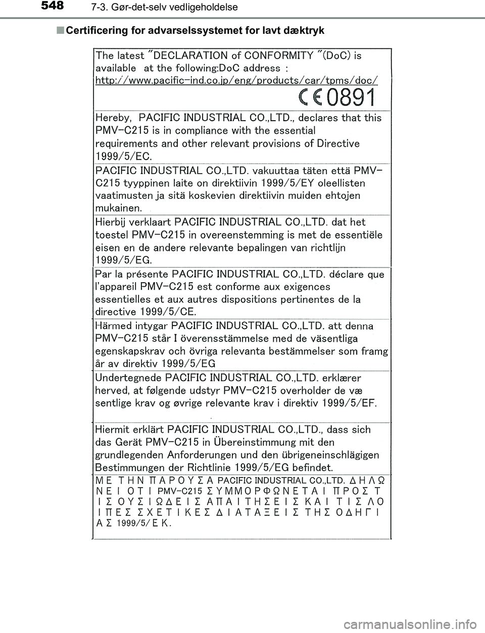TOYOTA C_HR HYBRID 2017 Brugsanvisning (in Danish) 5487-3. Gør-det-selv vedligeholdelse
C-HR_HV_OM_Europe_OM10538DKn
Certificering for advarselssystemet for lavt dæktryk
OM10538DK.book Page 548 Thursd ay, December 22, 2016 11:23 AM TOYOTA C_HR HYBRID 2017 Brugsanvisning (in Danish) 5487-3. Gør-det-selv vedligeholdelse
C-HR_HV_OM_Europe_OM10538DKn
Certificering for advarselssystemet for lavt dæktryk
OM10538DK.book Page 548 Thursd ay, December 22, 2016 11:23 AM