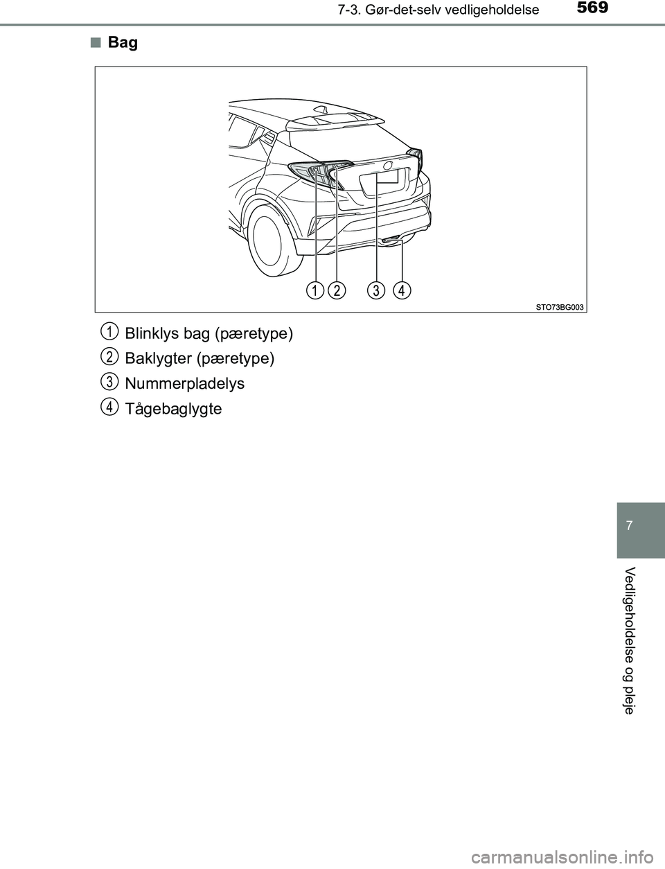 TOYOTA C_HR HYBRID 2017  Brugsanvisning (in Danish) 5697-3. Gør-det-selv vedligeholdelse
C-HR_HV_OM_Europe_OM10538DK
7
Vedligeholdelse og pleje
nBag
Blinklys bag (pæretype)
Baklygter (pæretype)
Nummerpladelys
Tågebaglygte1
2
3
4
OM10538DK.book  Pag