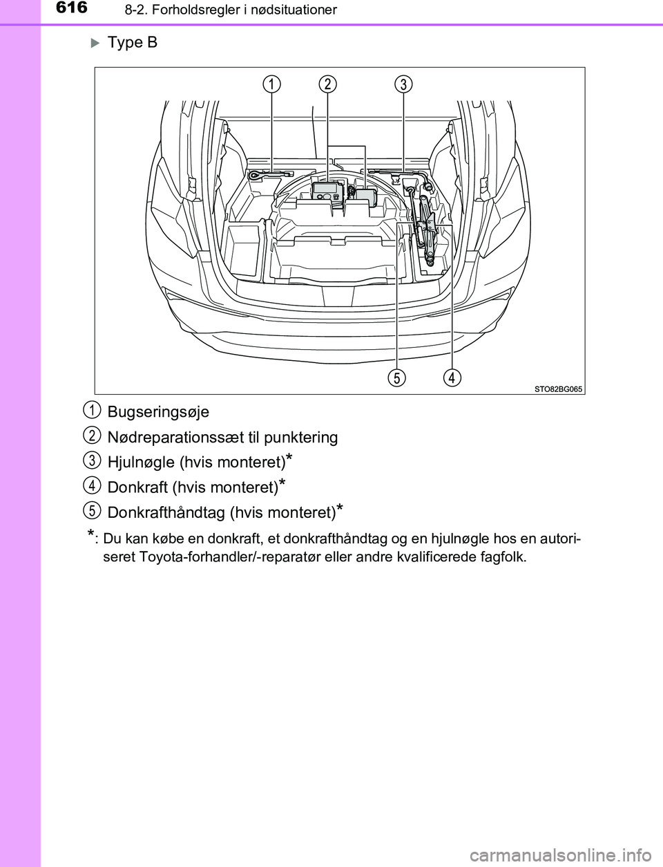 TOYOTA C_HR HYBRID 2017  Brugsanvisning (in Danish) 6168-2. Forholdsregler i nødsituationer
C-HR_HV_OM_Europe_OM10538DK
Type B
Bugseringsøje
Nødreparationssæt til punktering
Hjulnøgle (hvis monteret)
*
Donkraft (hvis monteret)*
Donkrafthåndtag