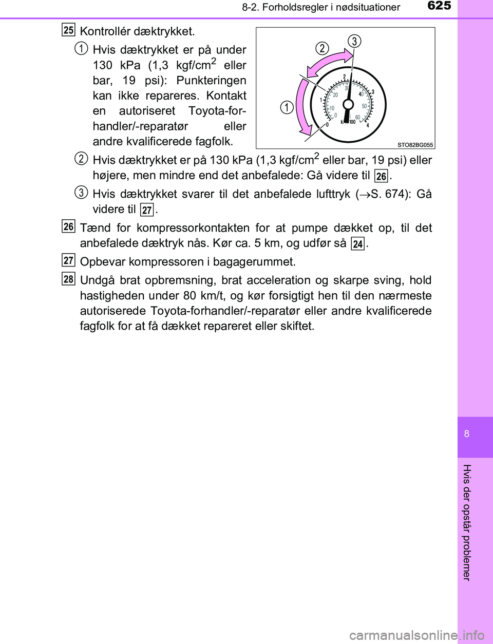 TOYOTA C_HR HYBRID 2017  Brugsanvisning (in Danish) 6258-2. Forholdsregler i nødsituationer
C-HR_HV_OM_Europe_OM10538DK
8
Hvis der opstår problemer
Kontrollér dæktrykket.Hvis dæktrykket er på under
130 kPa (1,3 kgf/cm
2 eller
bar, 19 psi): Punkte