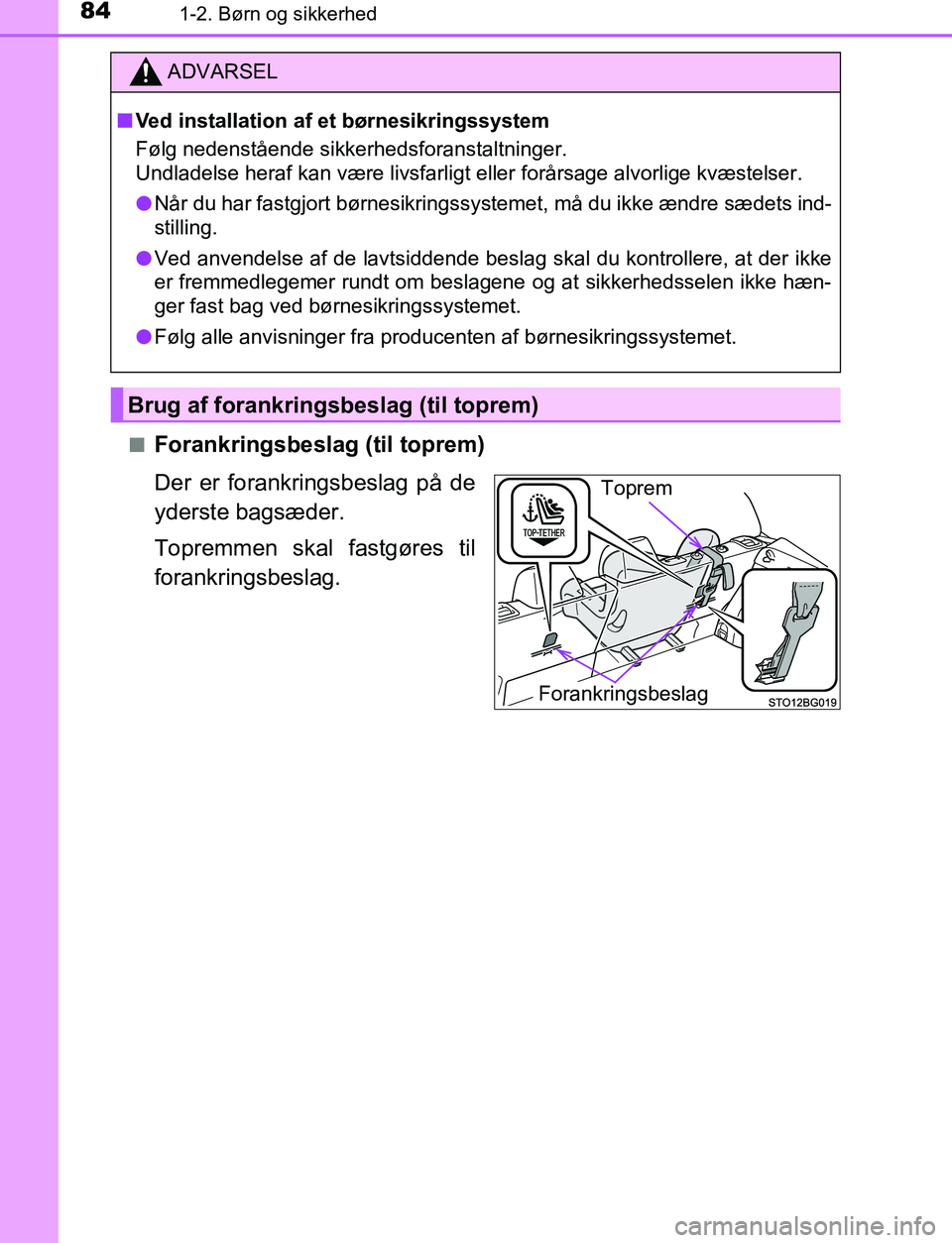 TOYOTA C_HR HYBRID 2017 Brugsanvisning (in Danish) 841-2. Børn og sikkerhed
C-HR_HV_OM_Europe_OM10538DKn
Forankringsbeslag (til toprem)
Der er forankringsbeslag på de
yderste bagsæder.
Topremmen skal fastgøres til
forankringsbeslag.
ADVARSEL
n Ved TOYOTA C_HR HYBRID 2017 Brugsanvisning (in Danish) 841-2. Børn og sikkerhed
C-HR_HV_OM_Europe_OM10538DKn
Forankringsbeslag (til toprem)
Der er forankringsbeslag på de
yderste bagsæder.
Topremmen skal fastgøres til
forankringsbeslag.
ADVARSEL
n Ved