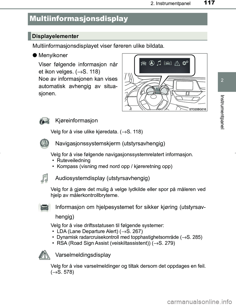 TOYOTA C_HR HYBRID 2017 Instruksjoner for bruk (in Norwegian) 117
2
2. Instrumentpanel
Instrumentpanel
C-HR_HV_OM_Europe_OM10538NO
Multiinformasjonsdisplay
Multiinformasjonsdisplayet viser føreren ulike bildata.
l Menyikoner
Viser følgende informasjon når
et TOYOTA C_HR HYBRID 2017 Instruksjoner for bruk (in Norwegian) 117
2
2. Instrumentpanel
Instrumentpanel
C-HR_HV_OM_Europe_OM10538NO
Multiinformasjonsdisplay
Multiinformasjonsdisplayet viser føreren ulike bildata.
l Menyikoner
Viser følgende informasjon når
et