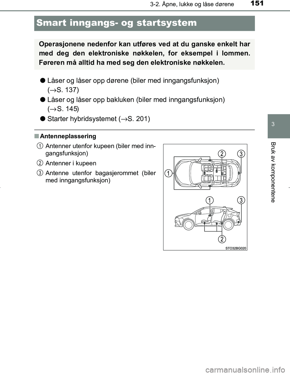TOYOTA C_HR HYBRID 2017 Instruksjoner for bruk (in Norwegian) 151
3
3-2. Åpne, lukke og låse dørene
Bruk av komponentene
C-HR_HV_OM_Europe_OM10538NO
Smart inngangs- og startsystem
lLåser og låser opp dørene (biler med inngangsfunksjon)
(→ S. 137)
l Lås TOYOTA C_HR HYBRID 2017 Instruksjoner for bruk (in Norwegian) 151
3
3-2. Åpne, lukke og låse dørene
Bruk av komponentene
C-HR_HV_OM_Europe_OM10538NO
Smart inngangs- og startsystem
lLåser og låser opp dørene (biler med inngangsfunksjon)
(→ S. 137)
l Lås