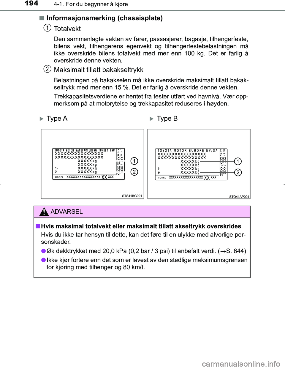 TOYOTA C_HR HYBRID 2017 Instruksjoner for bruk (in Norwegian) 1944-1. Før du begynner å kjøre
C-HR_HV_OM_Europe_OM10538NOn
Informasjonsmerking (chassisplate)
Totalvekt
Den sammenlagte vekten av fører, passasjerer, bagasje, tilhengerfeste,
bilens vekt, tilhen TOYOTA C_HR HYBRID 2017 Instruksjoner for bruk (in Norwegian) 1944-1. Før du begynner å kjøre
C-HR_HV_OM_Europe_OM10538NOn
Informasjonsmerking (chassisplate)
Totalvekt
Den sammenlagte vekten av fører, passasjerer, bagasje, tilhengerfeste,
bilens vekt, tilhen