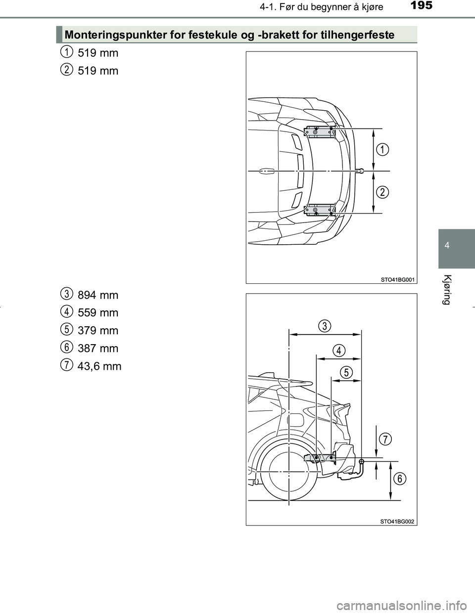 TOYOTA C_HR HYBRID 2017 Instruksjoner for bruk (in Norwegian) 1954-1. Før du begynner å kjøre
4
Kjøring
C-HR_HV_OM_Europe_OM10538NO
519 mm
519 mm
894 mm
559 mm
379 mm
387 mm
43,6 mm
Monteringspunkter for festekule og -brakett for tilhengerfeste
1
2
3
4
5
6
7 TOYOTA C_HR HYBRID 2017 Instruksjoner for bruk (in Norwegian) 1954-1. Før du begynner å kjøre
4
Kjøring
C-HR_HV_OM_Europe_OM10538NO
519 mm
519 mm
894 mm
559 mm
379 mm
387 mm
43,6 mm
Monteringspunkter for festekule og -brakett for tilhengerfeste
1
2
3
4
5
6
7
