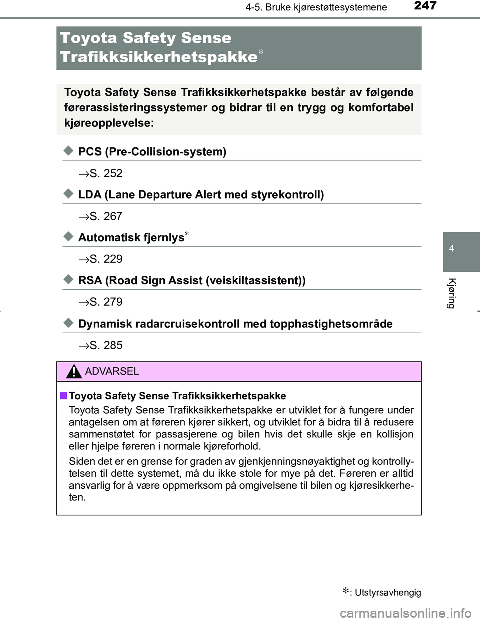 TOYOTA C_HR HYBRID 2017 Instruksjoner for bruk (in Norwegian) 247
4
4-5. Bruke kjørestøttesystemene
Kjøring
C-HR_HV_OM_Europe_OM10538NO
Toyota Safety Sense
Trafikksikkerhetspakke
∗
uPCS (Pre-Collision-system)
→S. 252
uLDA (Lane Departure Al ert med styre TOYOTA C_HR HYBRID 2017 Instruksjoner for bruk (in Norwegian) 247
4
4-5. Bruke kjørestøttesystemene
Kjøring
C-HR_HV_OM_Europe_OM10538NO
Toyota Safety Sense
Trafikksikkerhetspakke
∗
uPCS (Pre-Collision-system)
→S. 252
uLDA (Lane Departure Al ert med styre