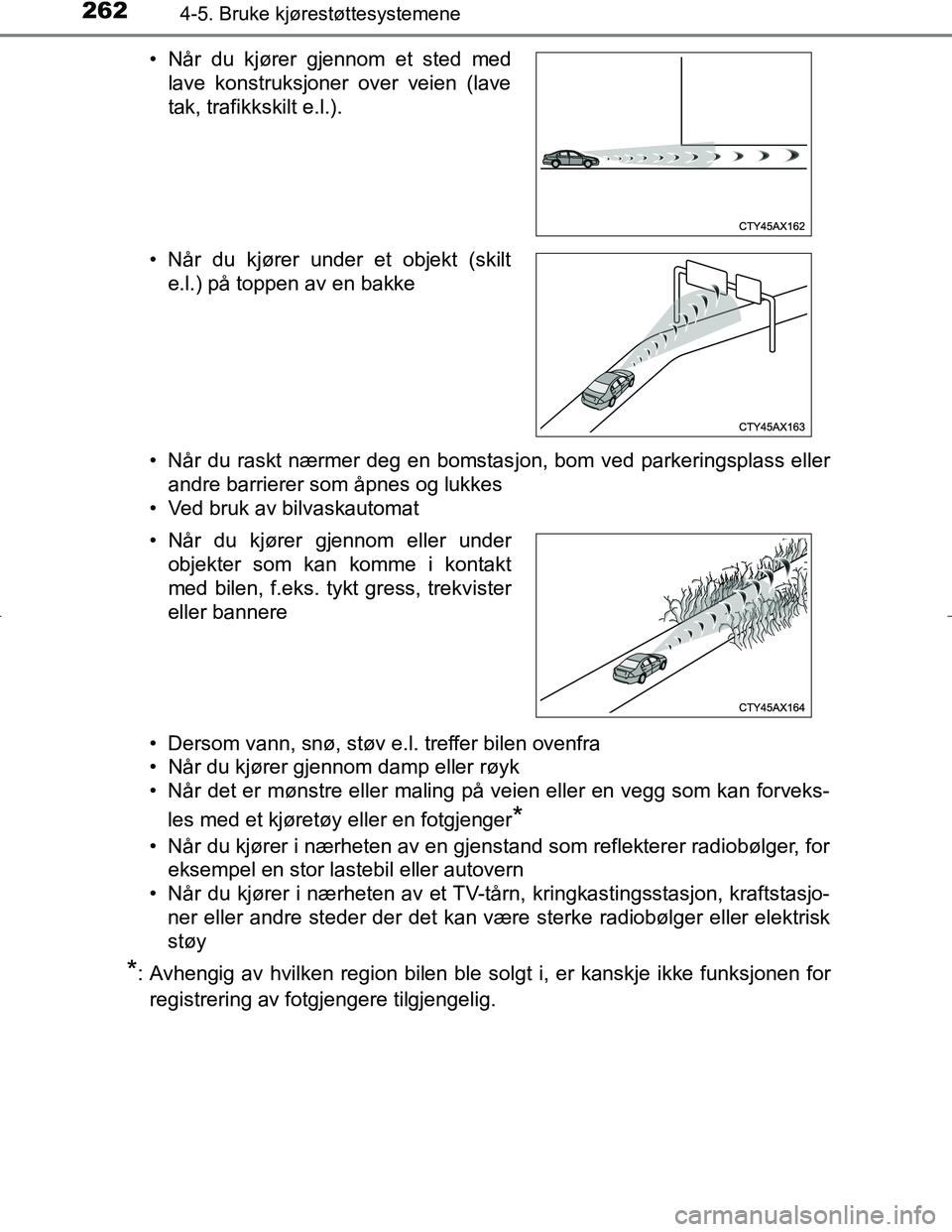 TOYOTA C_HR HYBRID 2017 Instruksjoner for bruk (in Norwegian) 2624-5. Bruke kjørestøttesystemene
C-HR_HV_OM_Europe_OM10538NO• Når du raskt nærmer deg en bomstas
jon, bom ved parkeringsplass eller
andre barrierer som åpnes og lukkes
• Ved bruk av bilvask TOYOTA C_HR HYBRID 2017 Instruksjoner for bruk (in Norwegian) 2624-5. Bruke kjørestøttesystemene
C-HR_HV_OM_Europe_OM10538NO• Når du raskt nærmer deg en bomstas
jon, bom ved parkeringsplass eller
andre barrierer som åpnes og lukkes
• Ved bruk av bilvask