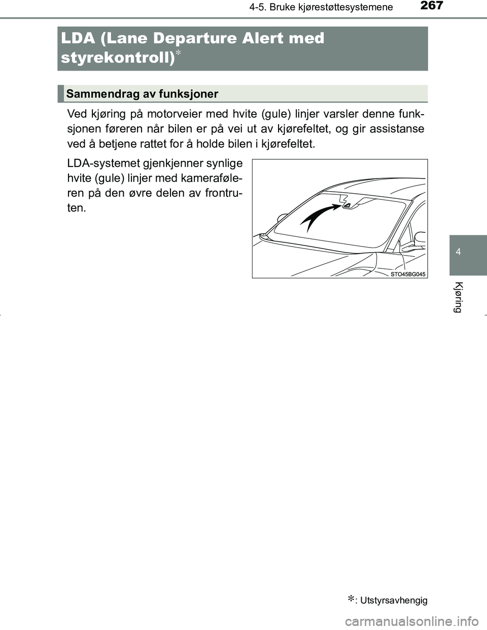 TOYOTA C_HR HYBRID 2017 Instruksjoner for bruk (in Norwegian) 267
4
4-5. Bruke kjørestøttesystemene
Kjøring
C-HR_HV_OM_Europe_OM10538NO
LDA (Lane Departure Alert med
styrekontroll)
∗
Ved kjøring på motorveier med hvite (gule) linjer varsler denne funk-
sj TOYOTA C_HR HYBRID 2017 Instruksjoner for bruk (in Norwegian) 267
4
4-5. Bruke kjørestøttesystemene
Kjøring
C-HR_HV_OM_Europe_OM10538NO
LDA (Lane Departure Alert med
styrekontroll)
∗
Ved kjøring på motorveier med hvite (gule) linjer varsler denne funk-
sj