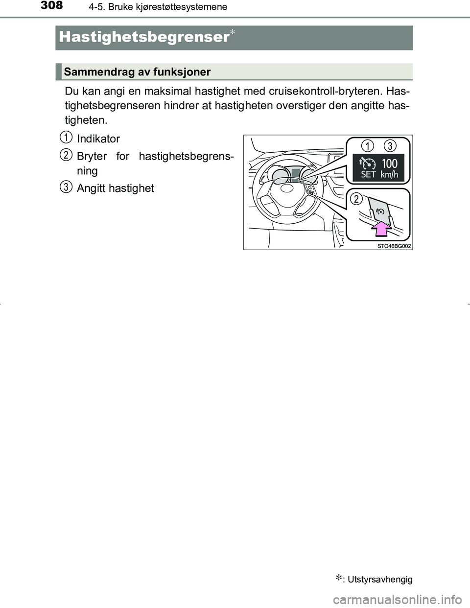 TOYOTA C_HR HYBRID 2017 Instruksjoner for bruk (in Norwegian) 3084-5. Bruke kjørestøttesystemene
C-HR_HV_OM_Europe_OM10538NO
Hastighetsbegrenser∗
Du kan angi en maksimal hastighet med cruisekontroll-bryteren. Has-
tighetsbegrenseren hindrer at hastig heten o TOYOTA C_HR HYBRID 2017 Instruksjoner for bruk (in Norwegian) 3084-5. Bruke kjørestøttesystemene
C-HR_HV_OM_Europe_OM10538NO
Hastighetsbegrenser∗
Du kan angi en maksimal hastighet med cruisekontroll-bryteren. Has-
tighetsbegrenseren hindrer at hastig heten o