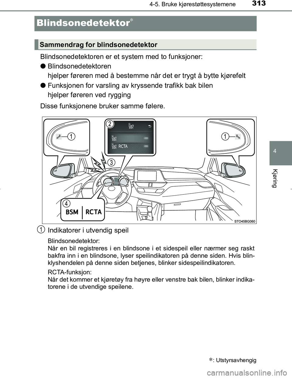 TOYOTA C_HR HYBRID 2017 Instruksjoner for bruk (in Norwegian) 313
4
4-5. Bruke kjørestøttesystemene
Kjøring
C-HR_HV_OM_Europe_OM10538NO
Blindsonedetektor∗
Blindsonedetektoren er et system med to funksjoner:
l Blindsonedetektoren
hjelper føreren med å bes TOYOTA C_HR HYBRID 2017 Instruksjoner for bruk (in Norwegian) 313
4
4-5. Bruke kjørestøttesystemene
Kjøring
C-HR_HV_OM_Europe_OM10538NO
Blindsonedetektor∗
Blindsonedetektoren er et system med to funksjoner:
l Blindsonedetektoren
hjelper føreren med å bes