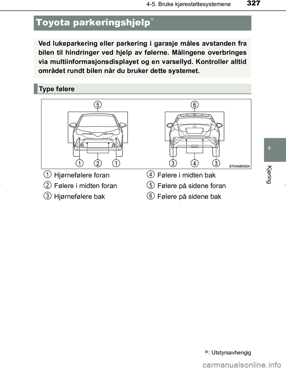 TOYOTA C_HR HYBRID 2017 Instruksjoner for bruk (in Norwegian) 327
4
4-5. Bruke kjørestøttesystemene
Kjøring
C-HR_HV_OM_Europe_OM10538NO
Toyota parkeringshjelp∗
∗: Utstyrsavhengig
Ved lukeparkering eller parkering i garasje måles avstanden fra
bilen til h TOYOTA C_HR HYBRID 2017 Instruksjoner for bruk (in Norwegian) 327
4
4-5. Bruke kjørestøttesystemene
Kjøring
C-HR_HV_OM_Europe_OM10538NO
Toyota parkeringshjelp∗
∗: Utstyrsavhengig
Ved lukeparkering eller parkering i garasje måles avstanden fra
bilen til h