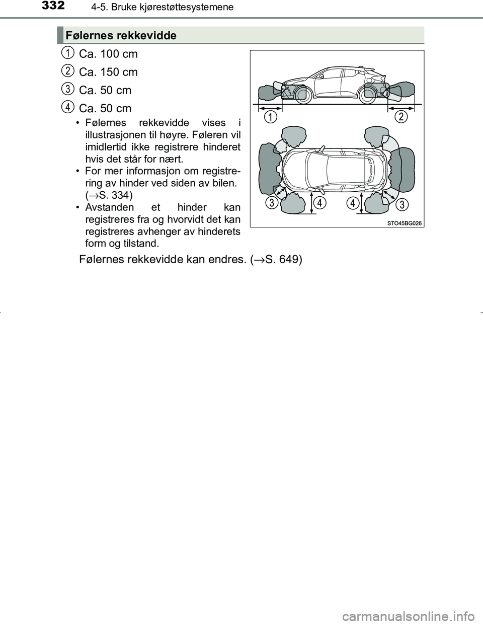 TOYOTA C_HR HYBRID 2017 Instruksjoner for bruk (in Norwegian) 3324-5. Bruke kjørestøttesystemene
C-HR_HV_OM_Europe_OM10538NO
Ca. 100 cm
Ca. 150 cm
Ca. 50 cm
Ca. 50 cm
• Følernes rekkevidde vises iillustrasjonen til høyre. Føleren vil
imidlertid ikke regis TOYOTA C_HR HYBRID 2017 Instruksjoner for bruk (in Norwegian) 3324-5. Bruke kjørestøttesystemene
C-HR_HV_OM_Europe_OM10538NO
Ca. 100 cm
Ca. 150 cm
Ca. 50 cm
Ca. 50 cm
• Følernes rekkevidde vises iillustrasjonen til høyre. Føleren vil
imidlertid ikke regis