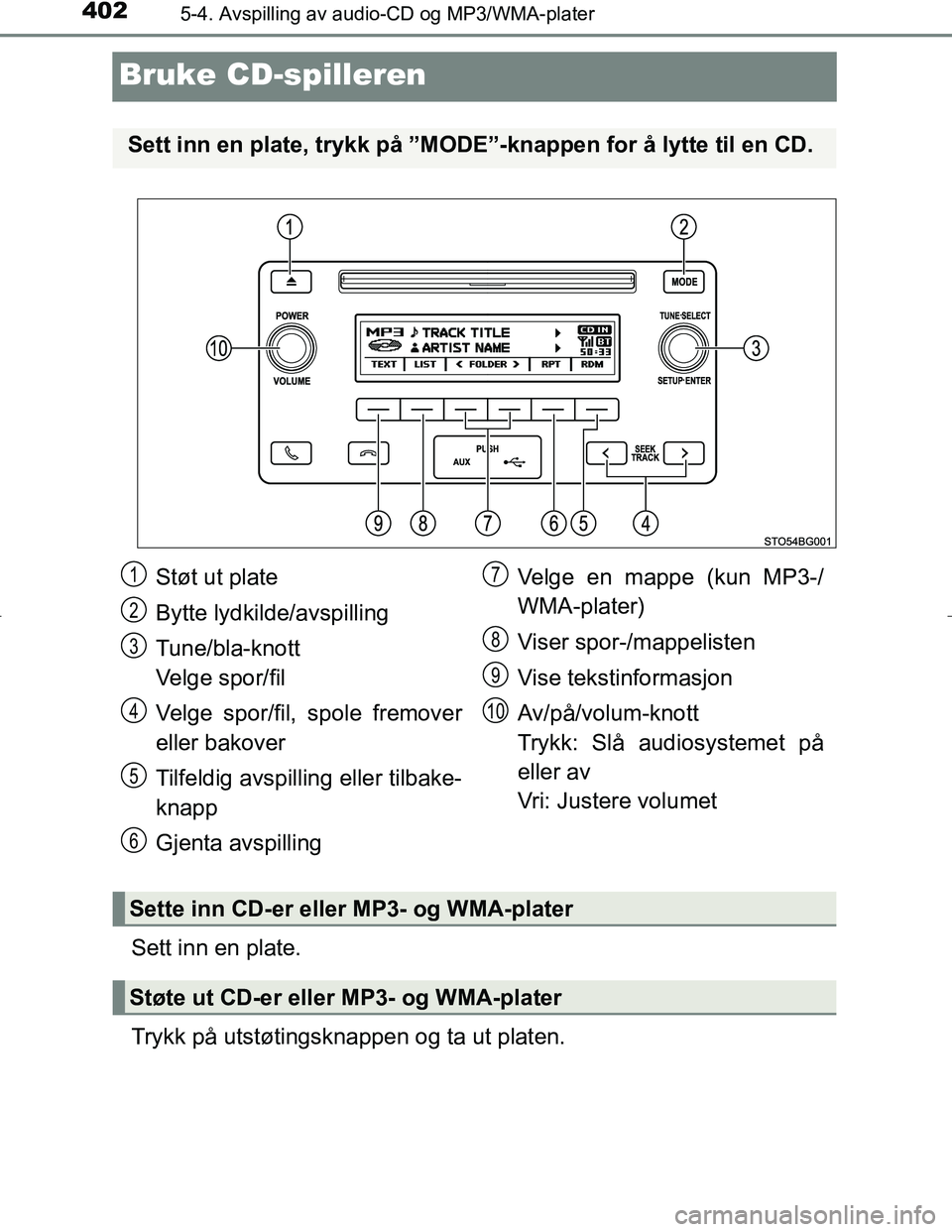 TOYOTA C_HR HYBRID 2017 Instruksjoner for bruk (in Norwegian) 4025-4. Avspilling av audio-CD og MP3/WMA-plater
C-HR_HV_OM_Europe_OM10538NO
Bruke CD-spilleren
Sett inn en plate.
Trykk på utstøtingsknappen og ta ut platen.
Sett inn en plate, trykk på ”MODE” TOYOTA C_HR HYBRID 2017 Instruksjoner for bruk (in Norwegian) 4025-4. Avspilling av audio-CD og MP3/WMA-plater
C-HR_HV_OM_Europe_OM10538NO
Bruke CD-spilleren
Sett inn en plate.
Trykk på utstøtingsknappen og ta ut platen.
Sett inn en plate, trykk på ”MODE”