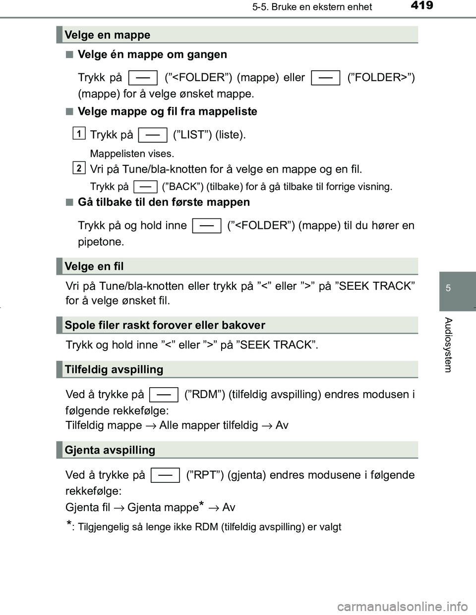 TOYOTA C_HR HYBRID 2017 Instruksjoner for bruk (in Norwegian) 4195-5. Bruke en ekstern enhet
5
Audiosystem
C-HR_HV_OM_Europe_OM10538NOn
Velge én mappe om gangen
Trykk på (”<FOLDER”) (mappe) eller (”FOLDER>”)
(mappe) for å velge ønsket mappe.
nVel TOYOTA C_HR HYBRID 2017 Instruksjoner for bruk (in Norwegian) 4195-5. Bruke en ekstern enhet
5
Audiosystem
C-HR_HV_OM_Europe_OM10538NOn
Velge én mappe om gangen
Trykk på (”<FOLDER”) (mappe) eller (”FOLDER>”)
(mappe) for å velge ønsket mappe.
nVel