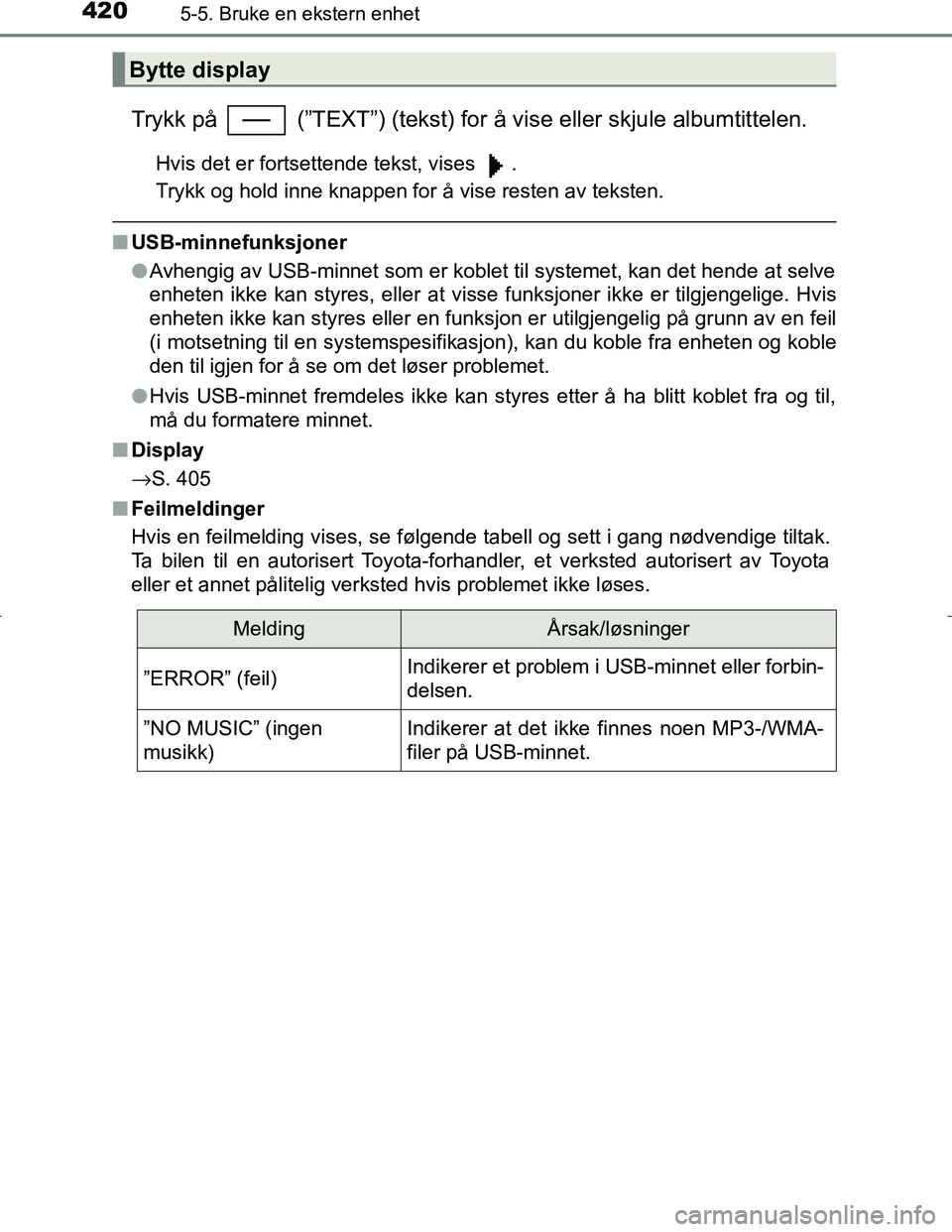 TOYOTA C_HR HYBRID 2017 Instruksjoner for bruk (in Norwegian) 4205-5. Bruke en ekstern enhet
C-HR_HV_OM_Europe_OM10538NO
Trykk på (”TEXT”) (tekst) for å vise eller skjule albumtittelen.
Hvis det er fortsettende tekst, vises .
Trykk og hold inne knappen TOYOTA C_HR HYBRID 2017 Instruksjoner for bruk (in Norwegian) 4205-5. Bruke en ekstern enhet
C-HR_HV_OM_Europe_OM10538NO
Trykk på (”TEXT”) (tekst) for å vise eller skjule albumtittelen.
Hvis det er fortsettende tekst, vises .
Trykk og hold inne knappen