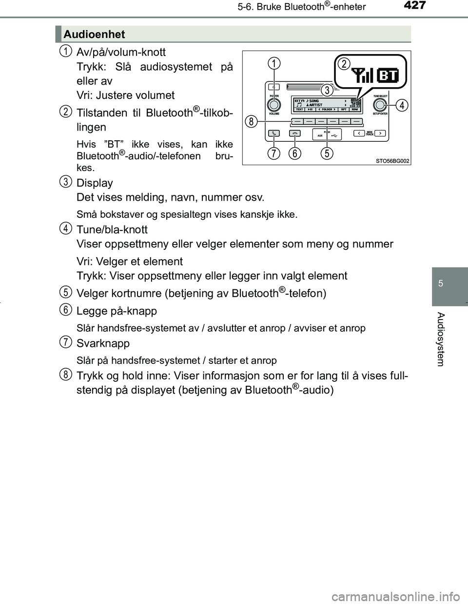 TOYOTA C_HR HYBRID 2017 Instruksjoner for bruk (in Norwegian) 4275-6. Bruke Bluetooth®-enheter
5
Audiosystem
C-HR_HV_OM_Europe_OM10538NO
Av/på/volum-knott
Trykk: Slå audiosystemet på
eller av
Vri: Justere volumet
Tilstanden til Bluetooth
®-tilkob-
lingen
Hv TOYOTA C_HR HYBRID 2017 Instruksjoner for bruk (in Norwegian) 4275-6. Bruke Bluetooth®-enheter
5
Audiosystem
C-HR_HV_OM_Europe_OM10538NO
Av/på/volum-knott
Trykk: Slå audiosystemet på
eller av
Vri: Justere volumet
Tilstanden til Bluetooth
®-tilkob-
lingen
Hv