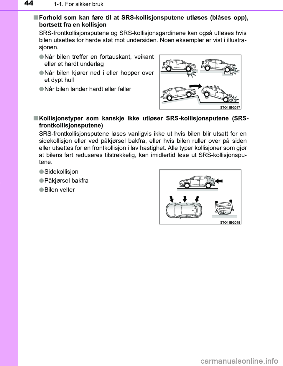 TOYOTA C_HR HYBRID 2017  Instruksjoner for bruk (in Norwegian) 441-1. For sikker bruk
C-HR_HV_OM_Europe_OM10538NOn
Forhold som kan føre til at SRS-kollisjonsputene utløses (blåses opp),
bortsett fra en kollisjon
SRS-frontkollisjonsputene og SRS-kollisjonsgardi