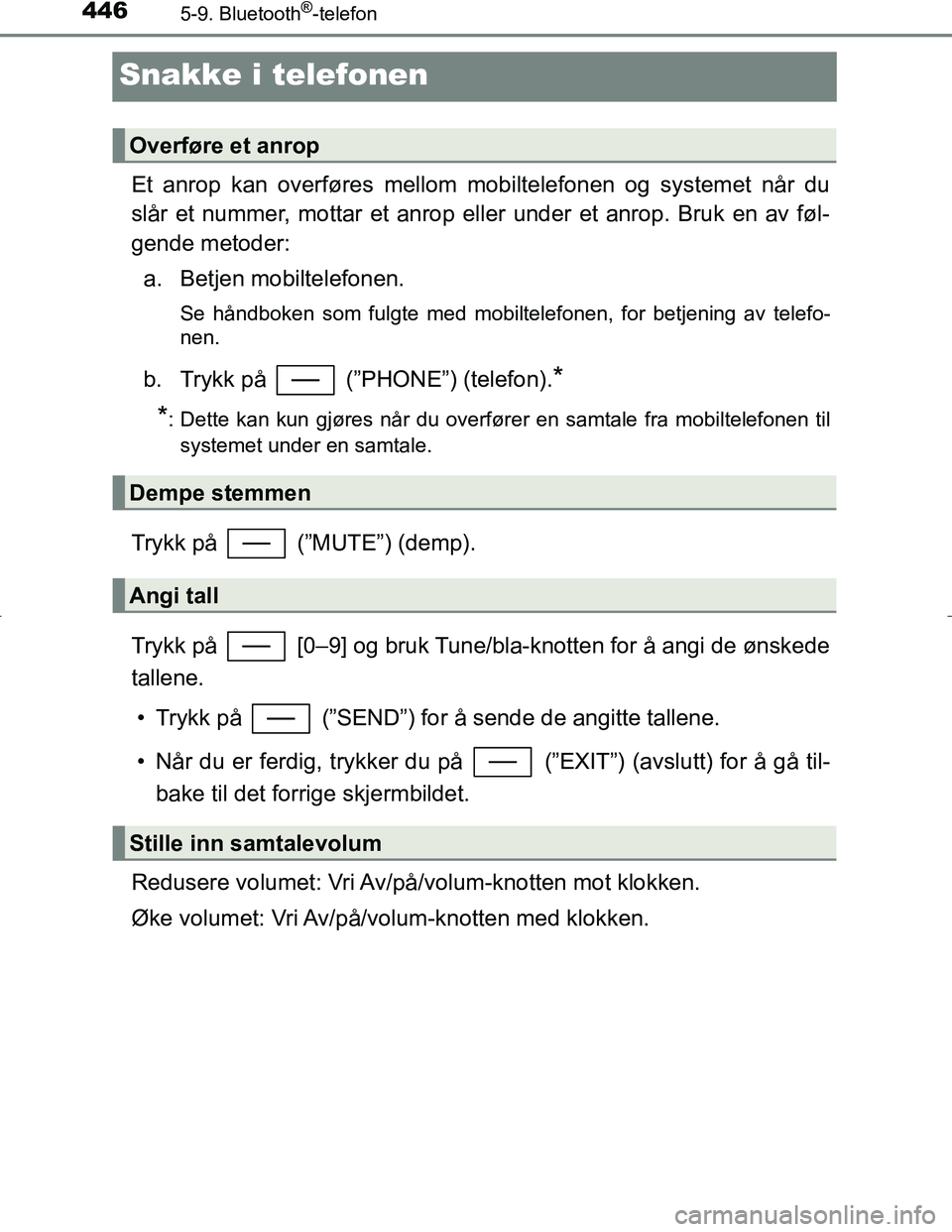 TOYOTA C_HR HYBRID 2017 Instruksjoner for bruk (in Norwegian) 4465-9. Bluetooth®-telefon
C-HR_HV_OM_Europe_OM10538NO
Snakke i telefonen
Et anrop kan overføres mellom mobiltelefonen og systemet når du
slår et nummer, mottar et anrop eller under et anrop. Bruk TOYOTA C_HR HYBRID 2017 Instruksjoner for bruk (in Norwegian) 4465-9. Bluetooth®-telefon
C-HR_HV_OM_Europe_OM10538NO
Snakke i telefonen
Et anrop kan overføres mellom mobiltelefonen og systemet når du
slår et nummer, mottar et anrop eller under et anrop. Bruk