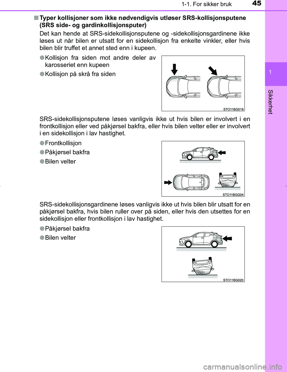 TOYOTA C_HR HYBRID 2017  Instruksjoner for bruk (in Norwegian) 451-1. For sikker bruk
1
Sikkerhet
C-HR_HV_OM_Europe_OM10538NOn
Typer kollisjoner som ikke nødvendigvis utløser SRS-kollisjonsputene 
(SRS side- og gardinkollisjonsputer)
Det kan hende at SRS-sideko