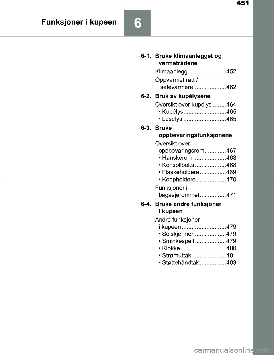 TOYOTA C_HR HYBRID 2017 Instruksjoner for bruk (in Norwegian) 451
6Funksjoner i kupeen
C-HR_HV_OM_Europe_OM10538NO6-1. Bruke klimaanlegget og
varmetrådene
Klimaanlegg ...................... 452
Oppvarmet ratt / setevarmere.................... 462
6-2. Bruk av TOYOTA C_HR HYBRID 2017 Instruksjoner for bruk (in Norwegian) 451
6Funksjoner i kupeen
C-HR_HV_OM_Europe_OM10538NO6-1. Bruke klimaanlegget og
varmetrådene
Klimaanlegg ...................... 452
Oppvarmet ratt / setevarmere.................... 462
6-2. Bruk av