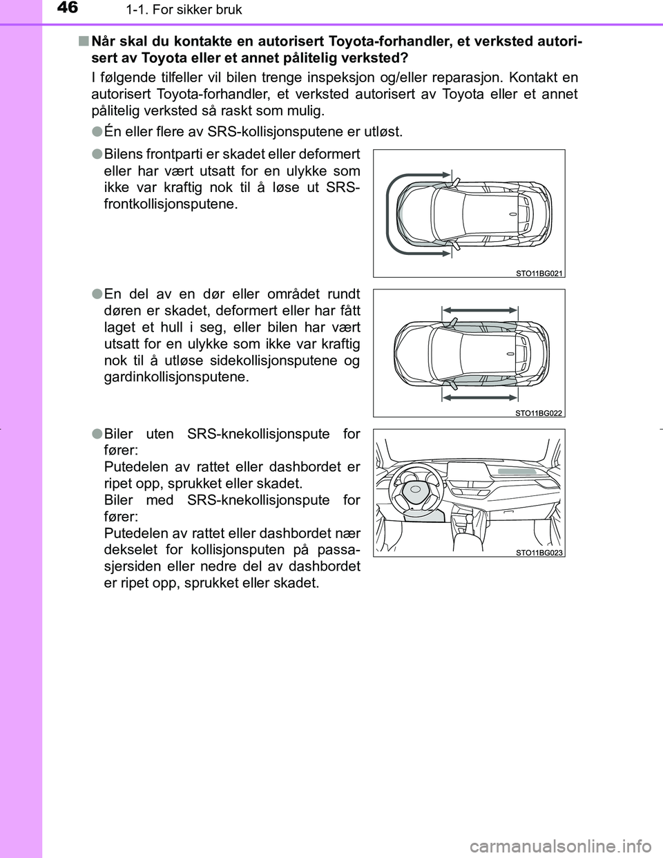 TOYOTA C_HR HYBRID 2017  Instruksjoner for bruk (in Norwegian) 461-1. For sikker bruk
C-HR_HV_OM_Europe_OM10538NOn
Når skal du kontakte en autorisert Toyota-forhandler, et verksted autori-
sert av Toyota eller et annet pålitelig verksted?
I følgende tilfeller 