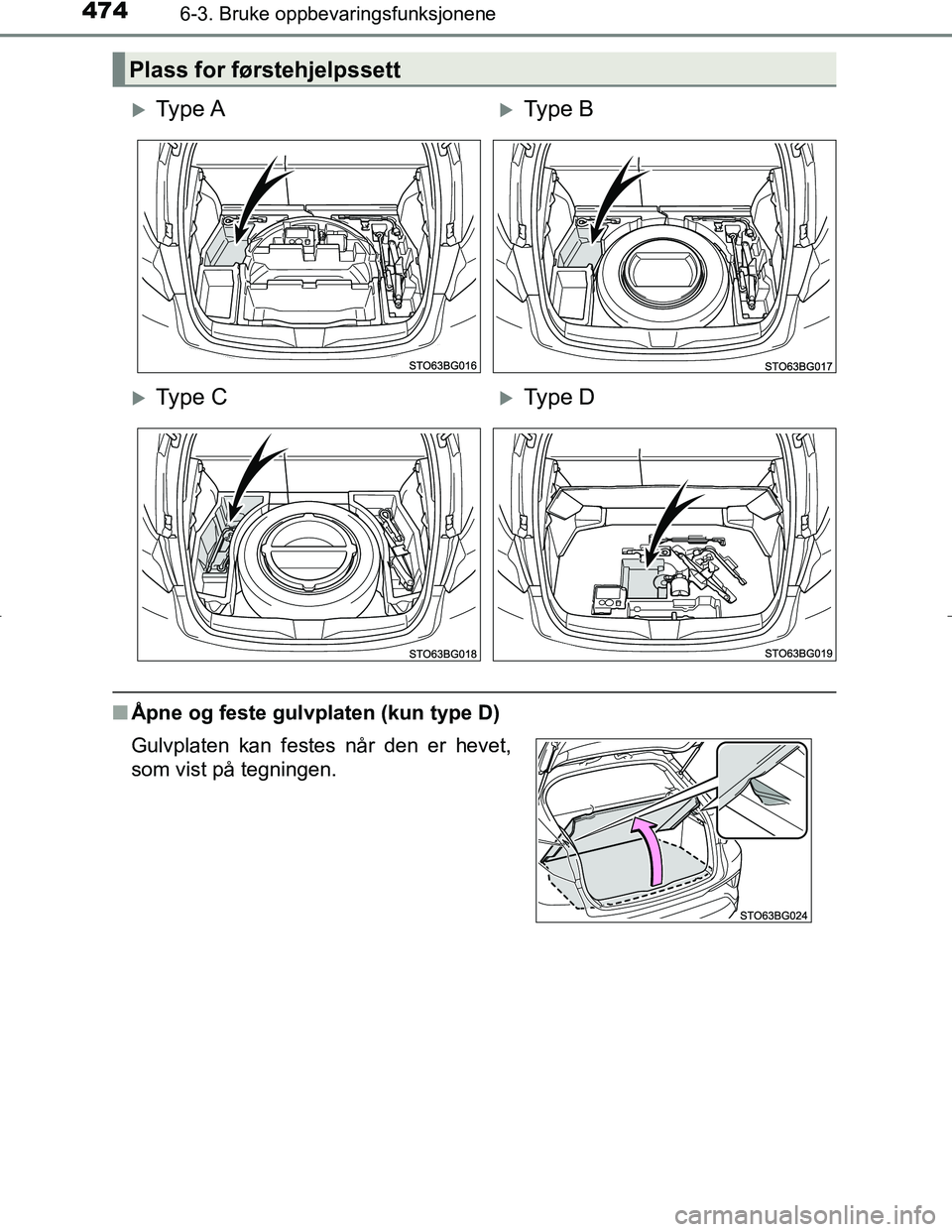 TOYOTA C_HR HYBRID 2017  Instruksjoner for bruk (in Norwegian) 4746-3. Bruke oppbevaringsfunksjonene
C-HR_HV_OM_Europe_OM10538NO
nÅpne og feste gulvplaten (kun type D)
Plass for førstehjelpssett
Ty p e  AType B
Ty p e  CType D
Gulvplaten kan festes 