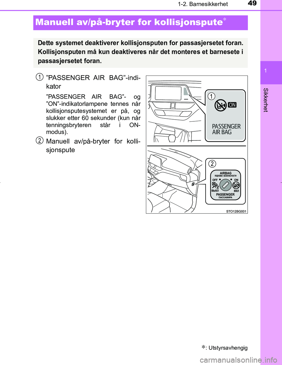 TOYOTA C_HR HYBRID 2017  Instruksjoner for bruk (in Norwegian) 491-2. Barnesikkerhet
1
Sikkerhet
C-HR_HV_OM_Europe_OM10538NO
Manuell av/på-bryter for kollisjonspute∗
”PASSENGER AIR  BAG”-indi-
kator
”PASSENGER AIR  BAG”-  og
”ON”-indikatorlampene t