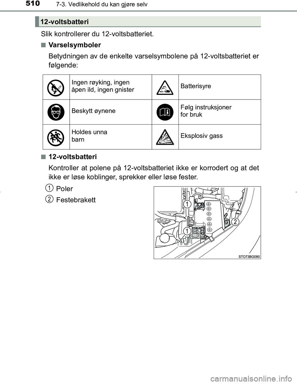TOYOTA C_HR HYBRID 2017 Instruksjoner for bruk (in Norwegian) 5107-3. Vedlikehold du kan gjøre selv
C-HR_HV_OM_Europe_OM10538NO
Slik kontrollerer du 12-voltsbatteriet.
nVarselsymboler
Betydningen av de enkelte varselsymbolene på 12-voltsbatteriet er
følgende: TOYOTA C_HR HYBRID 2017 Instruksjoner for bruk (in Norwegian) 5107-3. Vedlikehold du kan gjøre selv
C-HR_HV_OM_Europe_OM10538NO
Slik kontrollerer du 12-voltsbatteriet.
nVarselsymboler
Betydningen av de enkelte varselsymbolene på 12-voltsbatteriet er
følgende: