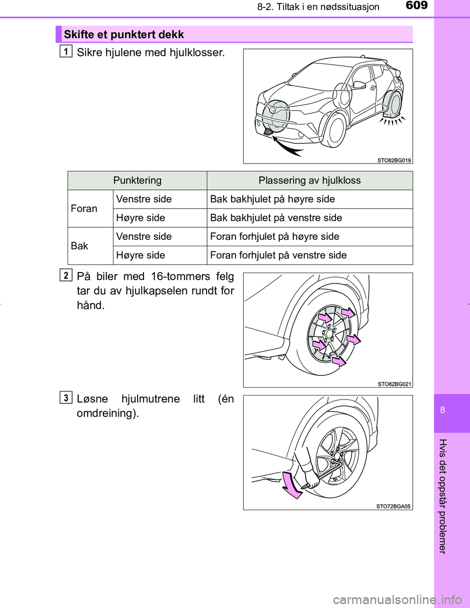 TOYOTA C_HR HYBRID 2017 Instruksjoner for bruk (in Norwegian) 6098-2. Tiltak i en nødssituasjon
C-HR_HV_OM_Europe_OM10538NO
8
Hvis det oppstår problemer
Sikre hjulene med hjulklosser.
På biler med 16-tommers felg
tar du av hjulkapselen rundt for
hånd.
Løsne TOYOTA C_HR HYBRID 2017 Instruksjoner for bruk (in Norwegian) 6098-2. Tiltak i en nødssituasjon
C-HR_HV_OM_Europe_OM10538NO
8
Hvis det oppstår problemer
Sikre hjulene med hjulklosser.
På biler med 16-tommers felg
tar du av hjulkapselen rundt for
hånd.
Løsne