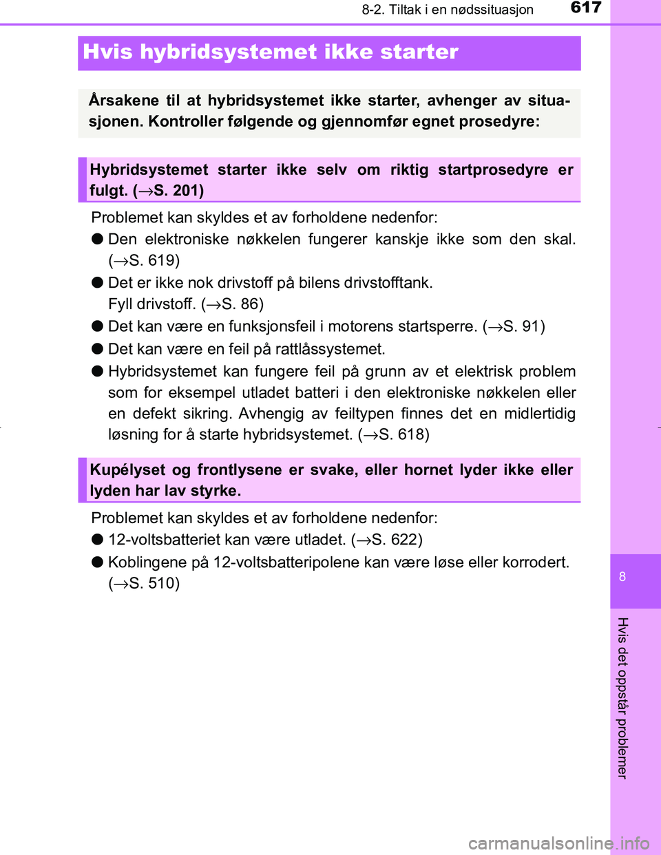 TOYOTA C_HR HYBRID 2017 Instruksjoner for bruk (in Norwegian) 6178-2. Tiltak i en nødssituasjon
C-HR_HV_OM_Europe_OM10538NO
8
Hvis det oppstår problemer
Hvis hybridsystemet ikke starter
Problemet kan skyldes et av forholdene nedenfor:
lDen elektroniske nøkkel TOYOTA C_HR HYBRID 2017 Instruksjoner for bruk (in Norwegian) 6178-2. Tiltak i en nødssituasjon
C-HR_HV_OM_Europe_OM10538NO
8
Hvis det oppstår problemer
Hvis hybridsystemet ikke starter
Problemet kan skyldes et av forholdene nedenfor:
lDen elektroniske nøkkel