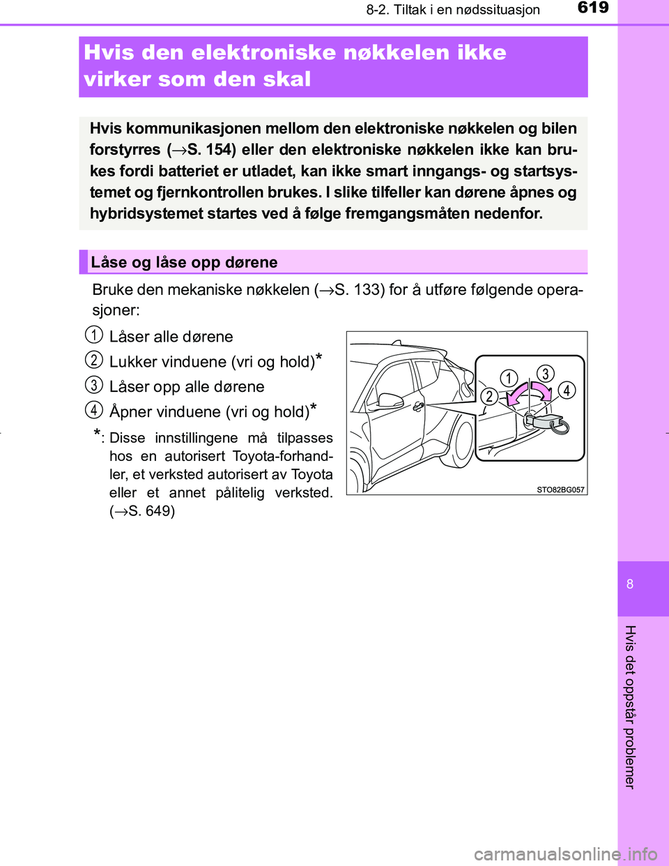 TOYOTA C_HR HYBRID 2017 Instruksjoner for bruk (in Norwegian) 6198-2. Tiltak i en nødssituasjon
C-HR_HV_OM_Europe_OM10538NO
8
Hvis det oppstår problemer
Hvis den elektroniske nøkkelen ikke
virker som den skal
Bruke den mekaniske nøkkelen (→S. 133) for å u TOYOTA C_HR HYBRID 2017 Instruksjoner for bruk (in Norwegian) 6198-2. Tiltak i en nødssituasjon
C-HR_HV_OM_Europe_OM10538NO
8
Hvis det oppstår problemer
Hvis den elektroniske nøkkelen ikke
virker som den skal
Bruke den mekaniske nøkkelen (→S. 133) for å u
