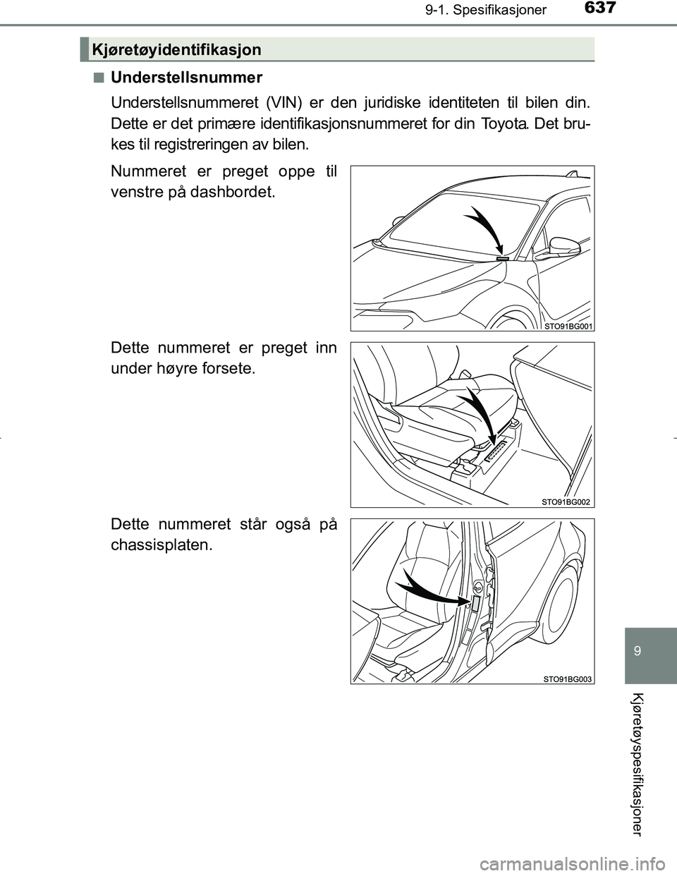 TOYOTA C_HR HYBRID 2017  Instruksjoner for bruk (in Norwegian) 6379-1. Spesifikasjoner
C-HR_HV_OM_Europe_OM10538NO
9
Kjøretøyspesifikasjoner
nUnderstellsnummer
Understellsnummeret (VIN) er den juridiske identiteten til bilen din.
Dette er det primære identifik