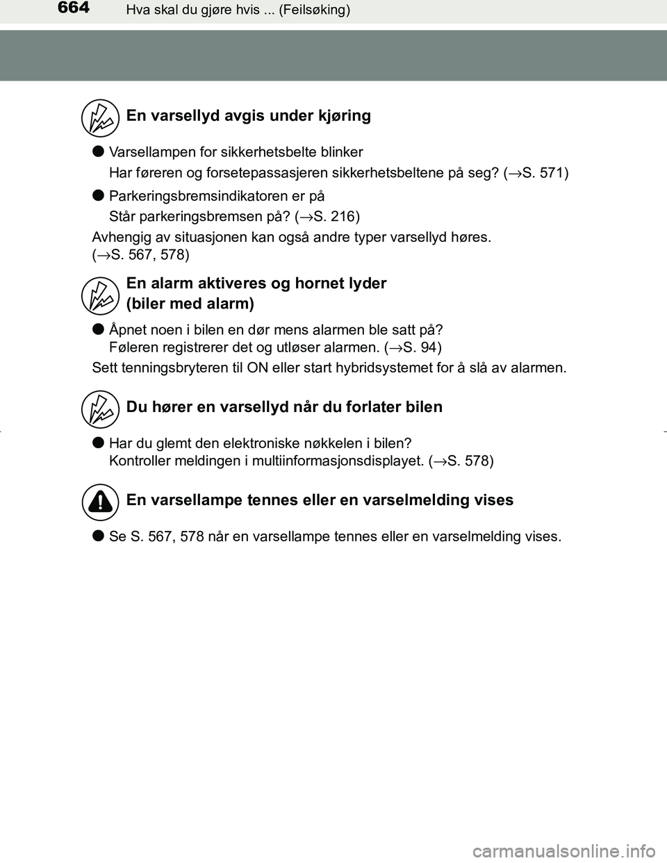 TOYOTA C_HR HYBRID 2017 Instruksjoner for bruk (in Norwegian) 664Hva skal du gjøre hvis ... (Feilsøking)
C-HR_HV_OM_Europe_OM10538NO
lVarsellampen for sikkerhetsbelte blinker
Har føreren og forsetepassasjeren sikkerhetsbeltene på seg? (→S. 571)
lParkerings TOYOTA C_HR HYBRID 2017 Instruksjoner for bruk (in Norwegian) 664Hva skal du gjøre hvis ... (Feilsøking)
C-HR_HV_OM_Europe_OM10538NO
lVarsellampen for sikkerhetsbelte blinker
Har føreren og forsetepassasjeren sikkerhetsbeltene på seg? (→S. 571)
lParkerings