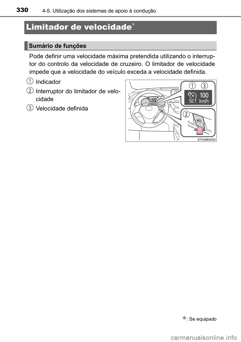 TOYOTA C_HR HYBRID 2017  Manual de utilização (in Portuguese) 330������8�W�L�O�L�]�D�o�m�R��G�R�V��V�L�V�W�H�P�D�V��G�H��D�S�R�L�R��j��F�R�Q�G�X�o�m�R
Limitador de velocidade∗
�3�R�G�H��G�H�I�L�Q�L�U��X�P�D��Y�H�O�R�F�L�G�D�G�H��P�i�[�L�P�D��S�