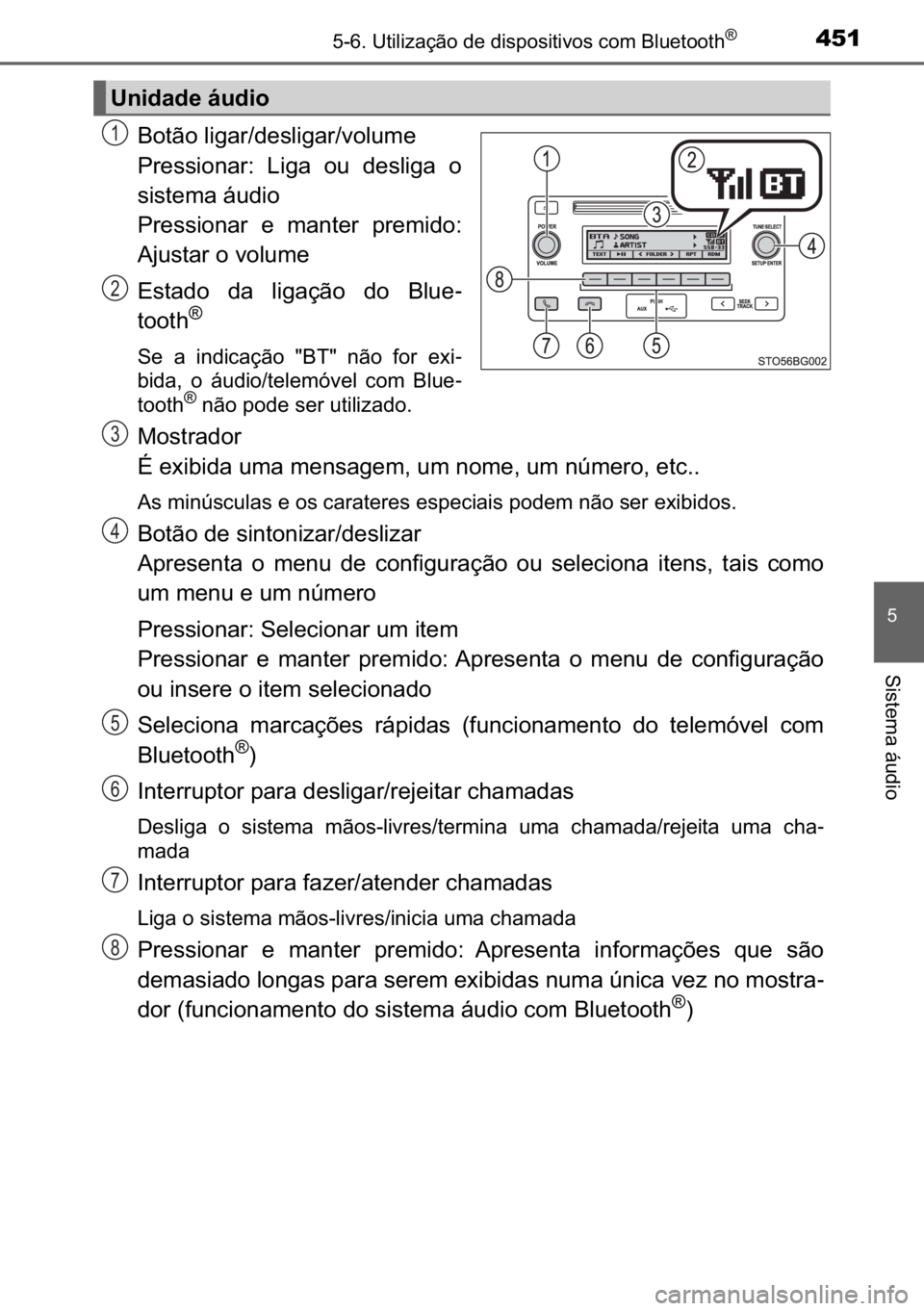 TOYOTA C_HR HYBRID 2017  Manual de utilização (in Portuguese) 451������8�W�L�O�L�]�D�o�m�R��G�H��G�L�V�S�R�V�L�W�L�Y�R�V��F�R�P��%�O�X�H�W�R�R�W�K�Š
�
�6�L�V�W�H�P�D��i�X�G�L�R
�%�R�W�m�R��O�L�J�D�U��G�H�V�O�L�J�D�U��Y�R�O�X�P�H
�3�U�H�V�V�L�R�Q�D
