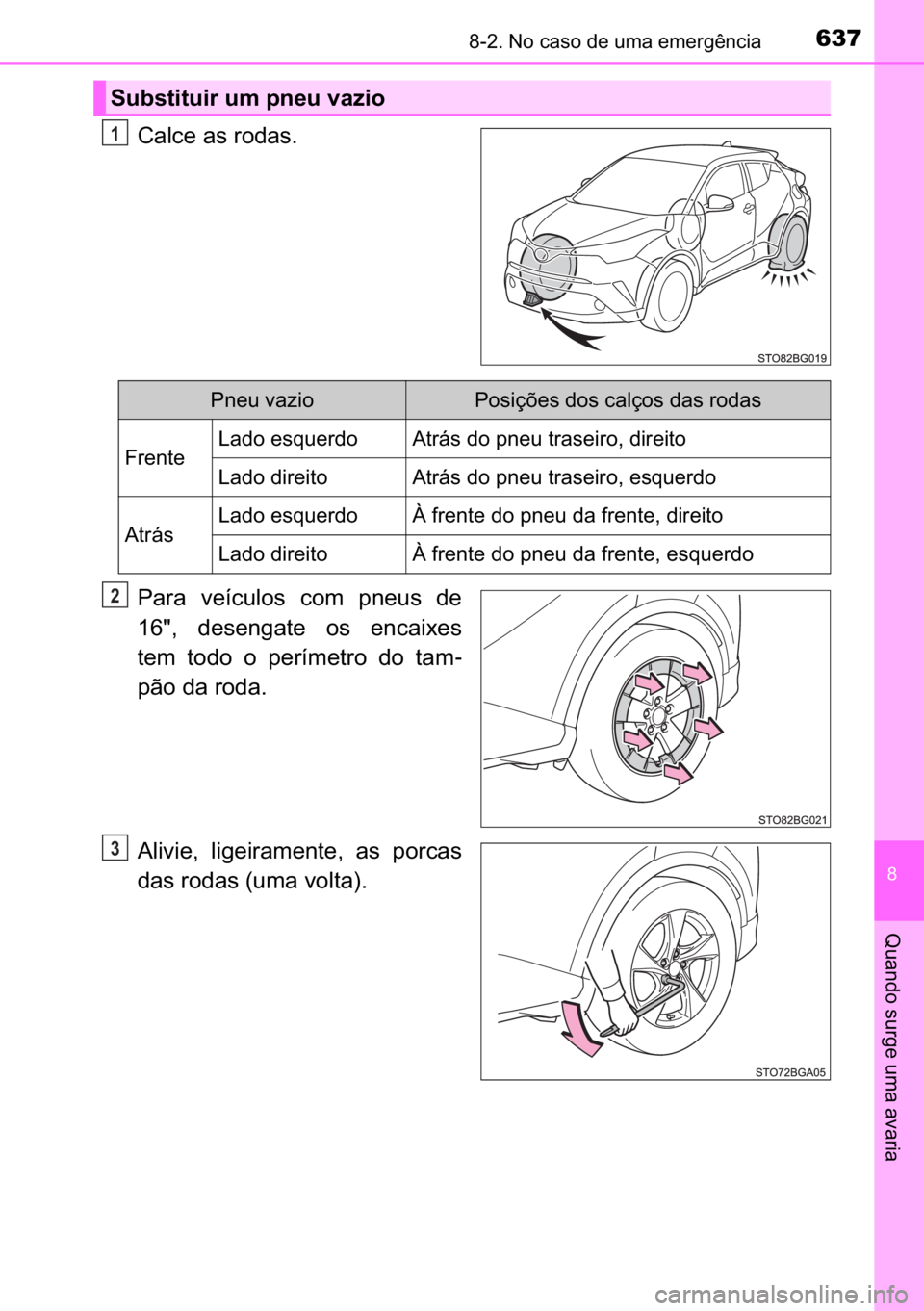 TOYOTA C_HR HYBRID 2017  Manual de utilização (in Portuguese) 637������1�R��F�D�V�R��G�H��X�P�D��H�P�H�U�J�r�Q�F�L�D
�
�4�X�D�Q�G�R��V�X�U�J�H��X�P�D��D�Y�D�U�L�D
�&�D�O�F�H��D�V��U�R�G�D�V�
�3�D�U�D� �Y�H�t�F�X�O�R�V� �F�R�P� �S�Q�H�X�V� �G�