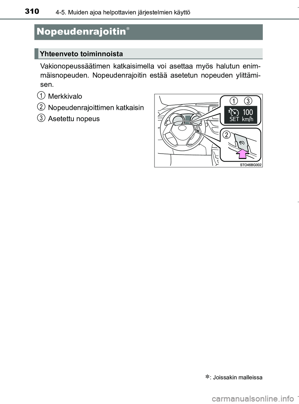 TOYOTA C_HR HYBRID 2017 Omistajan Käsikirja (in Finnish) 3104-5. Muiden ajoa helpottavien järjestelmien käyttö
C-HR_HV_OM_Europe_OM10538FI
Nopeudenrajoitin
Vakionopeussäätimen katkaisimella voi asettaa myös halutun enim-
mäisnopeuden. Nopeudenrajo TOYOTA C_HR HYBRID 2017 Omistajan Käsikirja (in Finnish) 3104-5. Muiden ajoa helpottavien järjestelmien käyttö
C-HR_HV_OM_Europe_OM10538FI
Nopeudenrajoitin
Vakionopeussäätimen katkaisimella voi asettaa myös halutun enim-
mäisnopeuden. Nopeudenrajo
