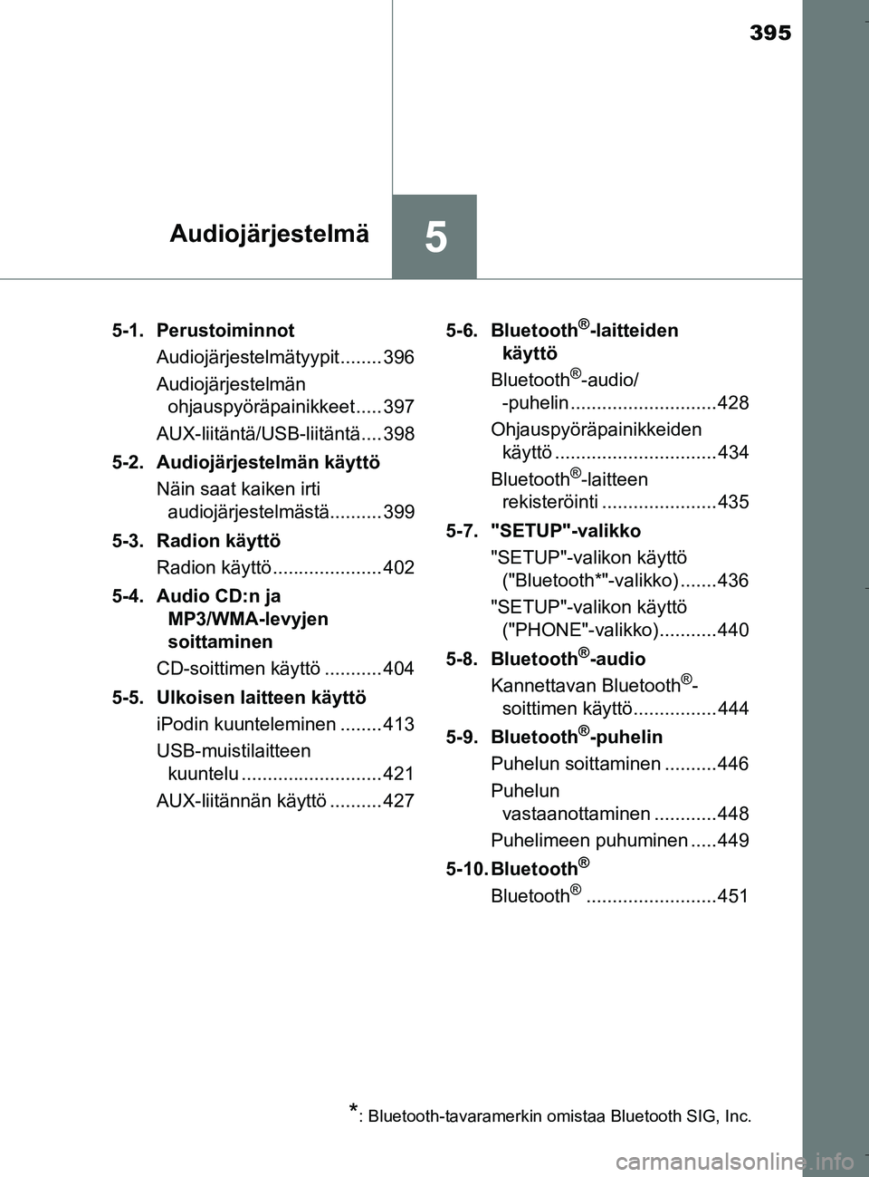 TOYOTA C_HR HYBRID 2017  Omistajan Käsikirja (in Finnish) 395
5Audiojärjestelmä
C-HR_HV_OM_Europe_OM10538FI5-1. Perustoiminnot
Audiojärjestelmätyypit........ 396
Audiojärjestelmän ohjauspyöräpainikkeet ..... 397
AUX-liitäntä/USB-liitäntä.... 398
