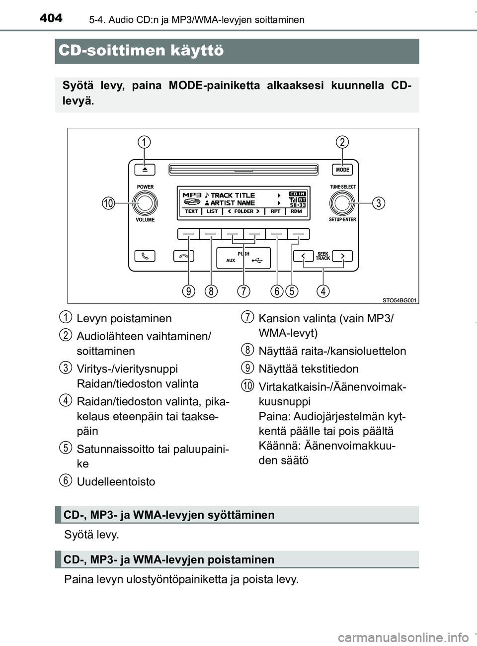 TOYOTA C_HR HYBRID 2017  Omistajan Käsikirja (in Finnish) 4045-4. Audio CD:n ja MP3/WMA-levyjen soittaminen
C-HR_HV_OM_Europe_OM10538FI
CD-soittimen käyttö
Syötä levy.
Paina levyn ulostyöntöpainiketta ja poista levy.
Syötä levy, paina MODE-painiketta