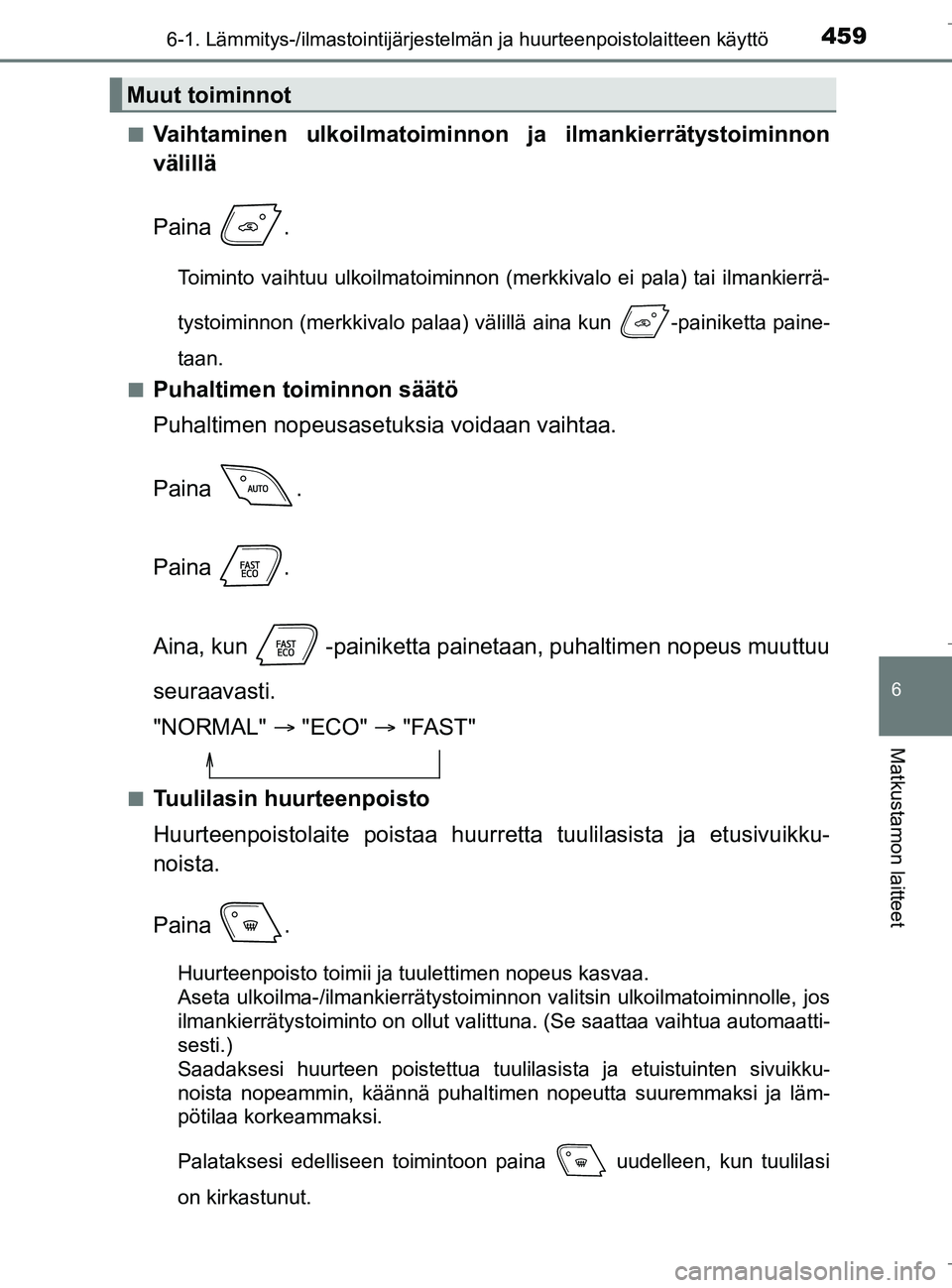 TOYOTA C_HR HYBRID 2017  Omistajan Käsikirja (in Finnish) 4596-1. Lämmitys-/ilmastointijärjestelmän ja huurteenpoistolaitteen käyttö
C-HR_HV_OM_Europe_OM10538FI
6
Matkustamon laitteet
nVaihtaminen ulkoilmatoiminnon ja ilmankierrätystoiminnon
välillä
